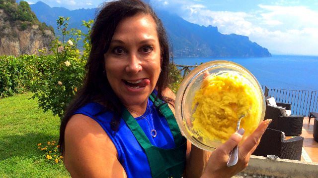 Our guest is showing her awesome Potatoes Gateau filling at Villa Eremo on the Amalfi Coast